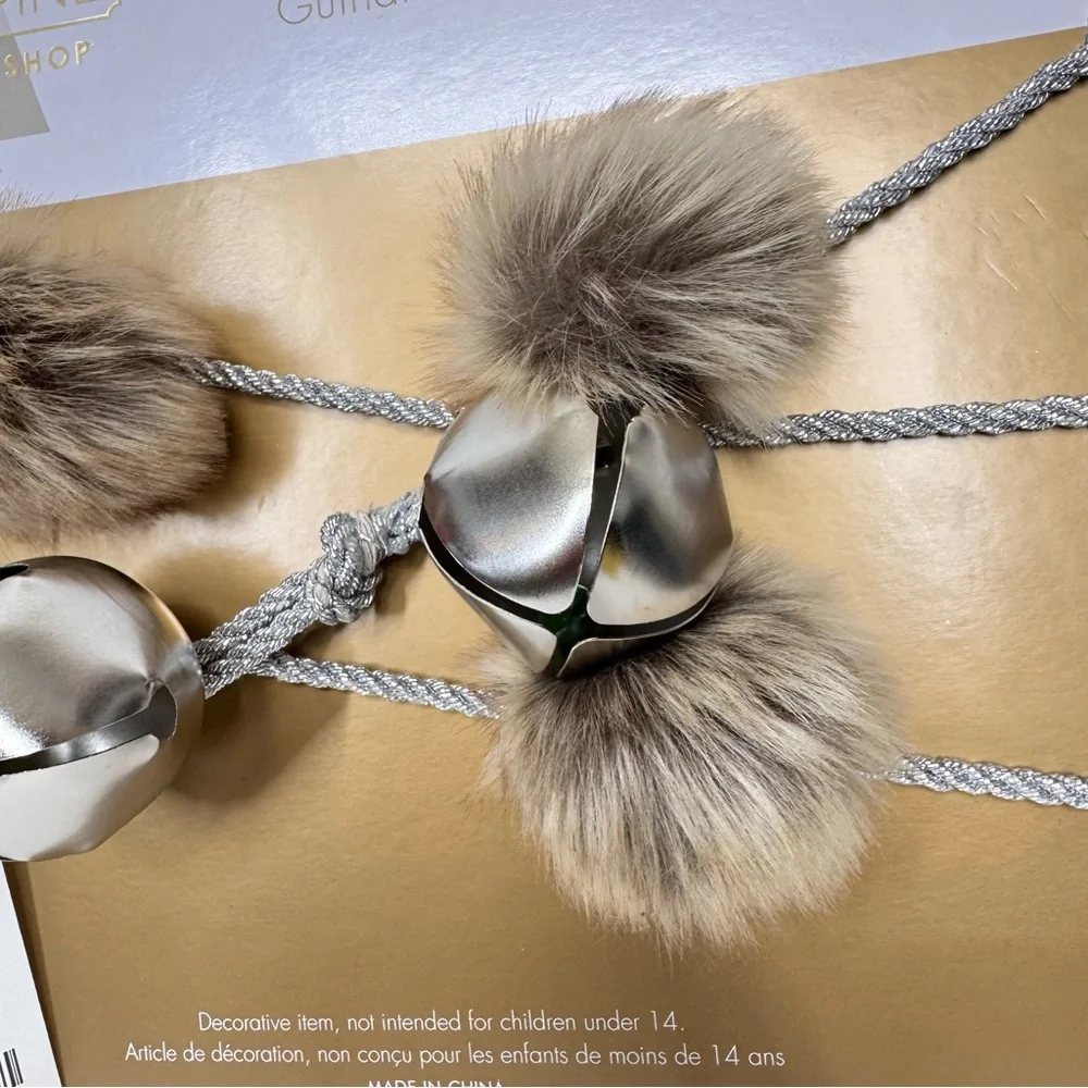 34th & Pine 2pc 6Ft Garland With Brown Faux Fur Baubles & Round Silver Bells Nwt